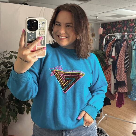 Vintage Hanes Crew Neck Ski Crystal Mountain Pullover Sweatshirt Blue - Picture 1 of 7